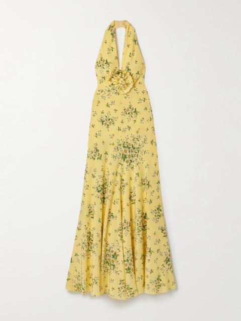 RODARTE Appliquéd Floral-print Silk Crepe De Chine Halterneck Gown