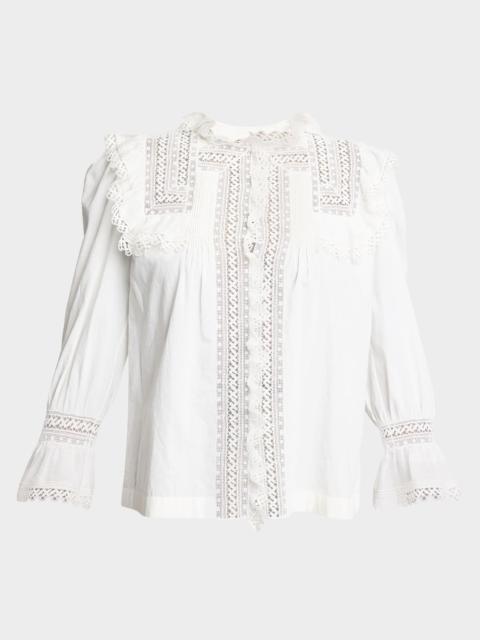 SAINT LAURENT Lace-Yoke Ruffle Poplin Blouse