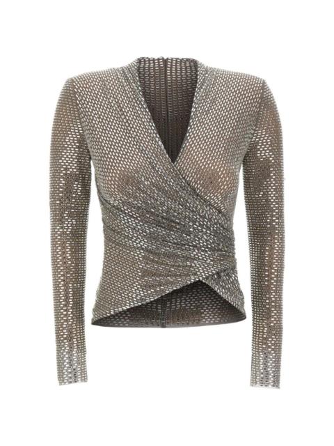 self-portrait grey rhinestone mesh wrap top