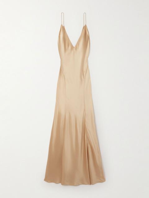 SAINT LAURENT Open-back paneled silk-satin gown Beige
