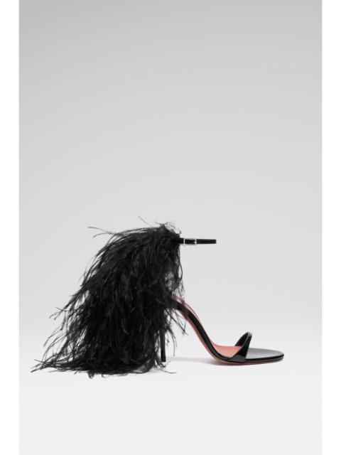 Amina Muaddi JERRY SANDAL 105 BLACK PATENT AND BLACK FEATHERS