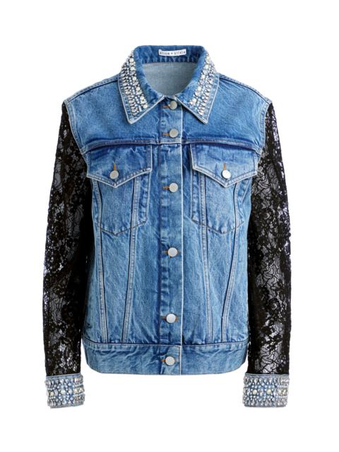 Alice + Olivia JEFF EMBELLISHED LACE SLEEVE DENIM JACKET