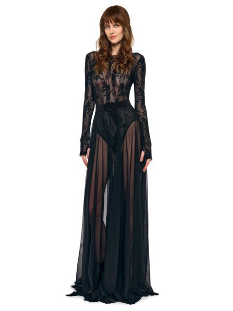NORMA KAMALI LONG SLEEVE CREW FLARED GOWN