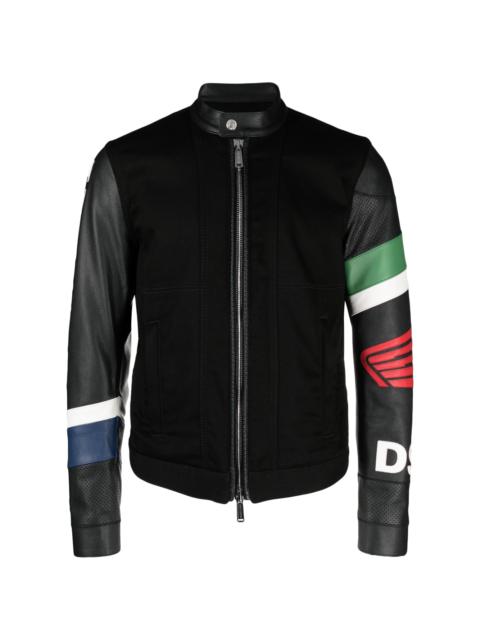 embossed-logo zipped leather jacket