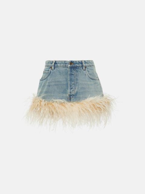 Miu Miu Feather-trimmed denim miniskirt
