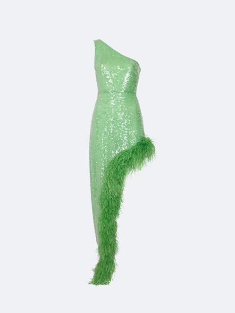 LAPOINTE Sequin Sleeveless One Shoulder Dress With Feathers