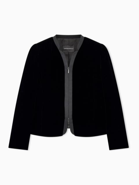 EMPORIO ARMANI COLLARLESS VELVET BLAZER WITH FRONT ZIP AND REGULAR FIT