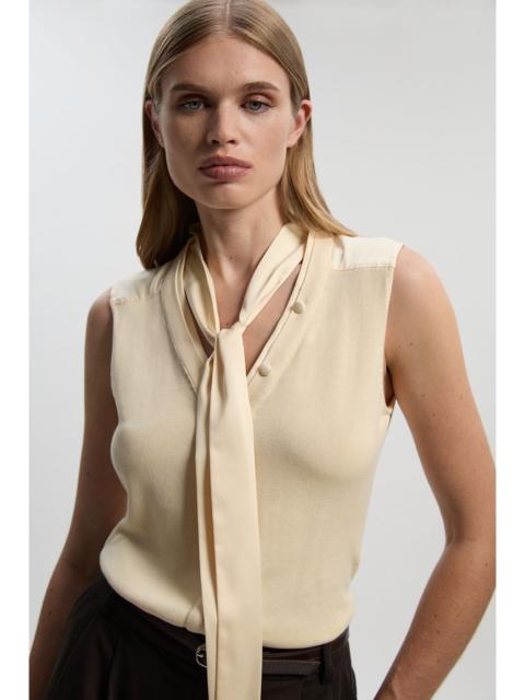 KAREN MILLEN Tie Neck Woven And Knit Mix Top
