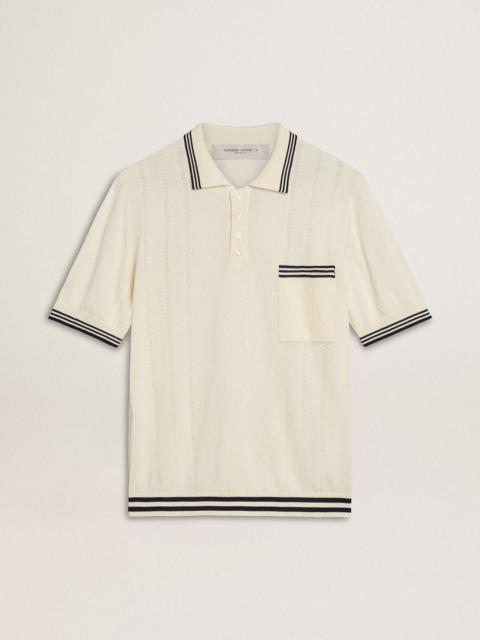 Golden Goose Men's worn-white knitted polo shirt with blue ribbing