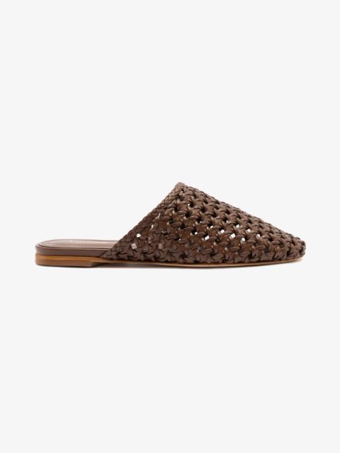 Larroudé Venice Macrame Flat Mule In Burnt Umber Leather