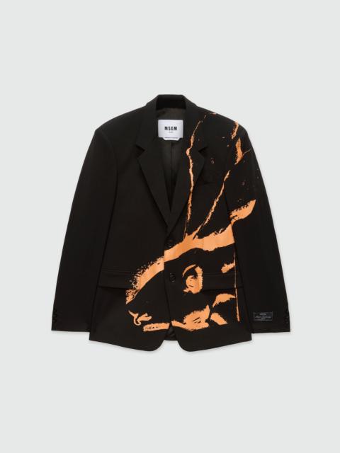 MSGM Black single-breasted jacket in cool wool with "Sketched Bunnies" print