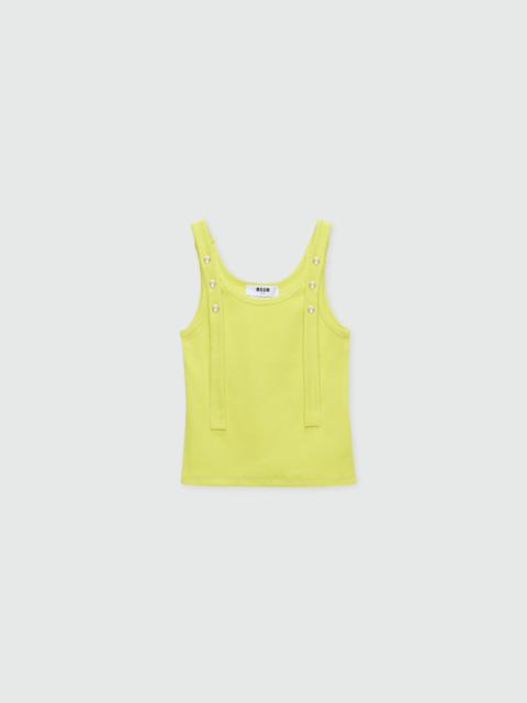MSGM Lime ribbed cotton top with straps and metal buttons