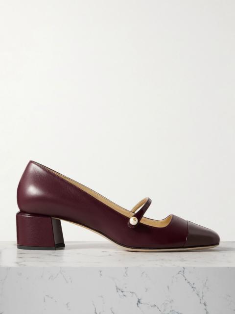 JIMMY CHOO Elisa 45 embellished patent-trimmed leather Mary Jane pumps Burgundy