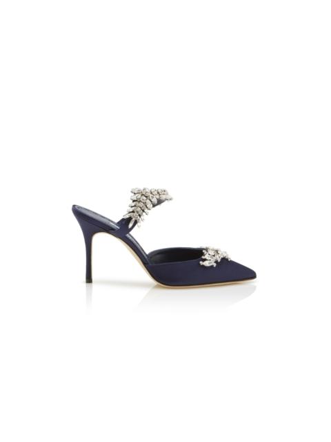 Manolo Blahnik Navy Satin Crystal Embellished Mules