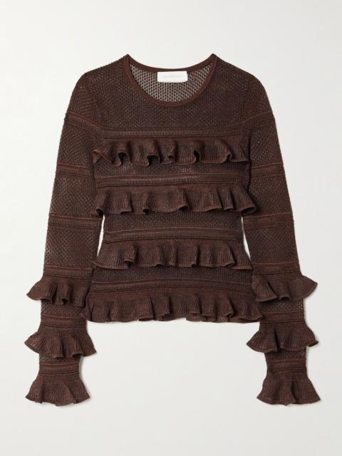 Zimmermann Ruffled metallic pointelle-knit top Chocolate