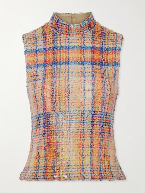 BRANDON MAXWELL Piper Checked Sequined Mesh Turtleneck Top