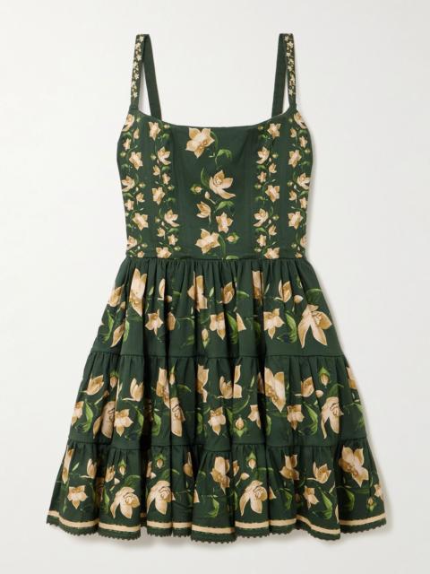 Agua by Agua Bendita Granadilla tiered floral-print cotton-blend mini dress Dark green