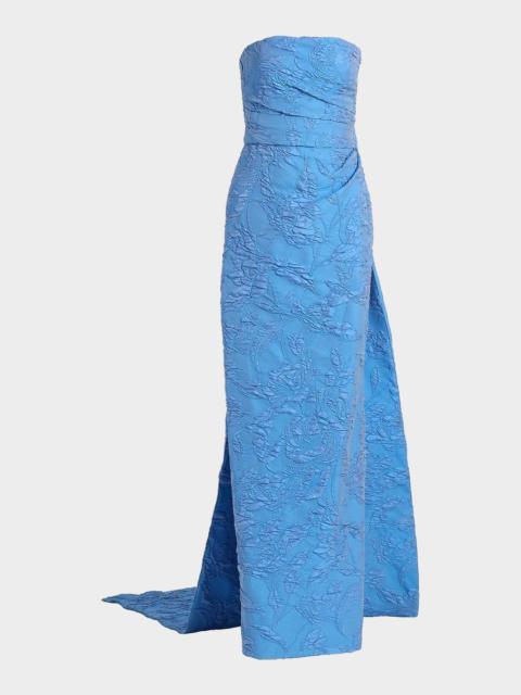 Monique Lhuillier Strapless Draped-Train Bubble Jacquard Column Gown