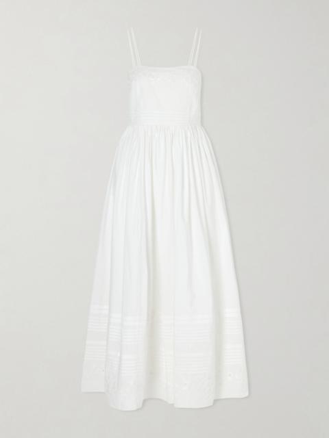 BODE Chamomile pintucked embroidered cotton-poplin midi dress White