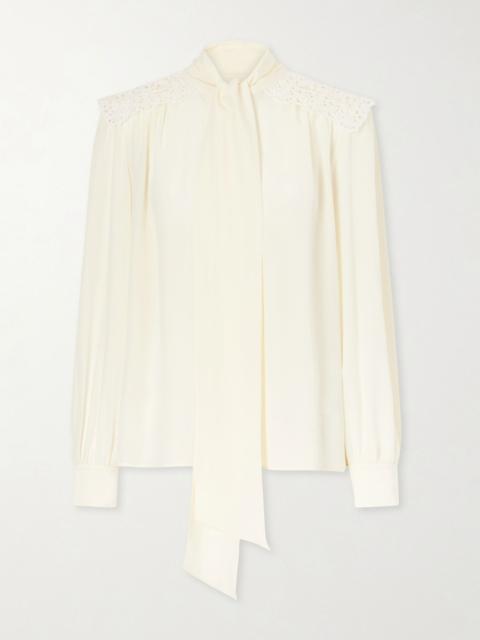 Chloé Pussy-bow crochet-trimmed silk crepe de chine shirt White