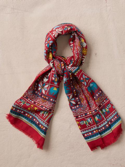 Drake's Red Elephants and Flowers Print Wool-Silk Scarf