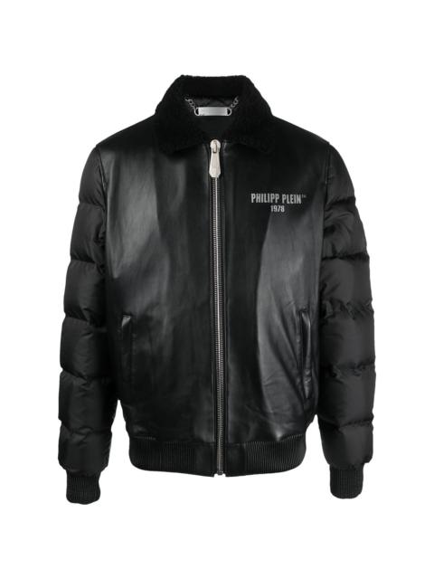 logo-print padded leather jacket