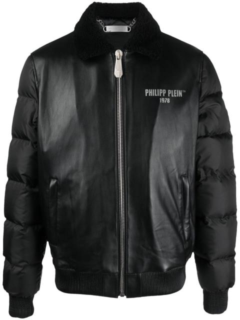 logo-print padded leather jacket