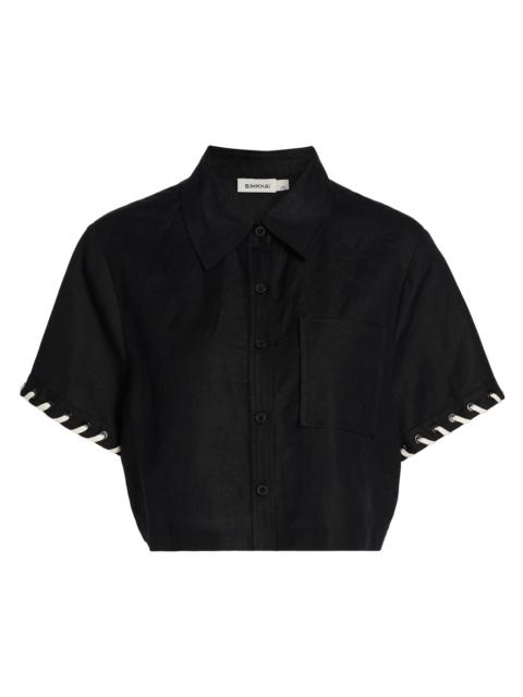 SIMKHAI Women's Auggie Linen-Blend Crop Shirt - Black Multi
