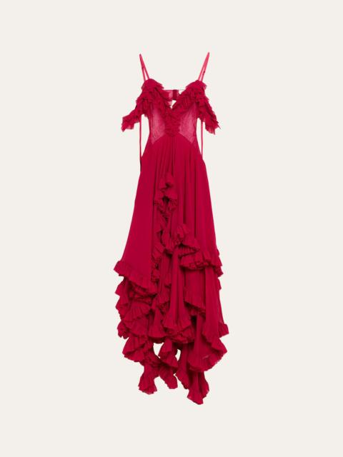 Alexander McQueen Lace-Inset Tiered Ruffle Chiffon Evening Dress