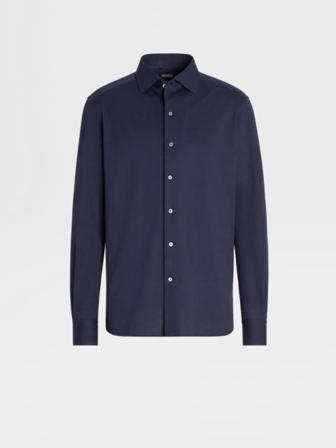 ZEGNA NAVY BLUE PURE COTTON JERSEY LONG-SLEEVE SHIRT