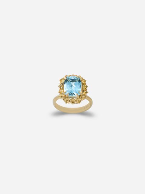 Heritage ring in yellow gold, acquamarine and yellow sapphires
