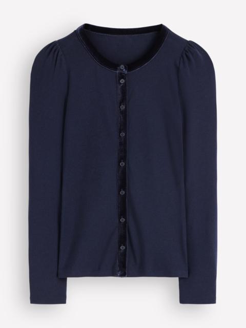 BODEN Velvet Trim Ribbed Cardigan-Navy
