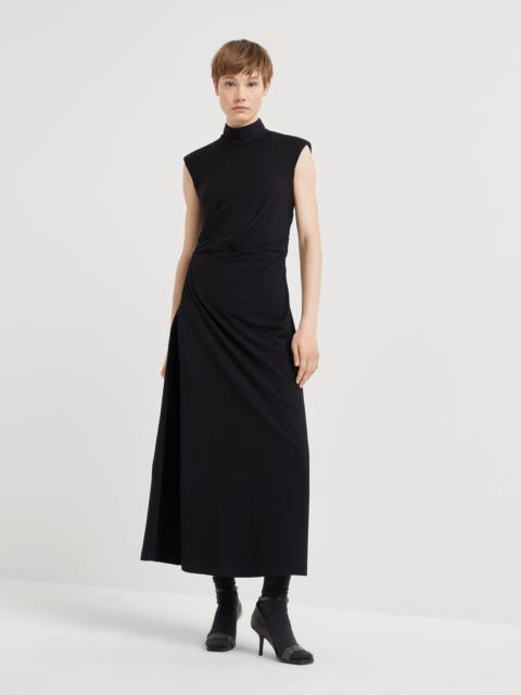 Stretch virgin wool jersey draped dress with shiny zipper pull