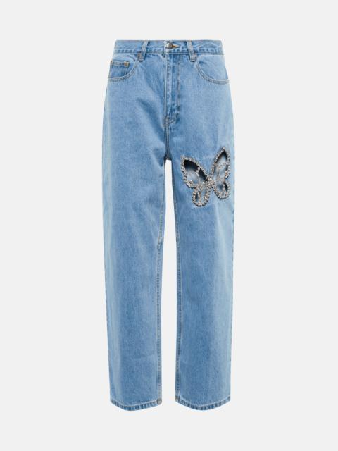 AREA Embellished cutout high-rise straight jeans