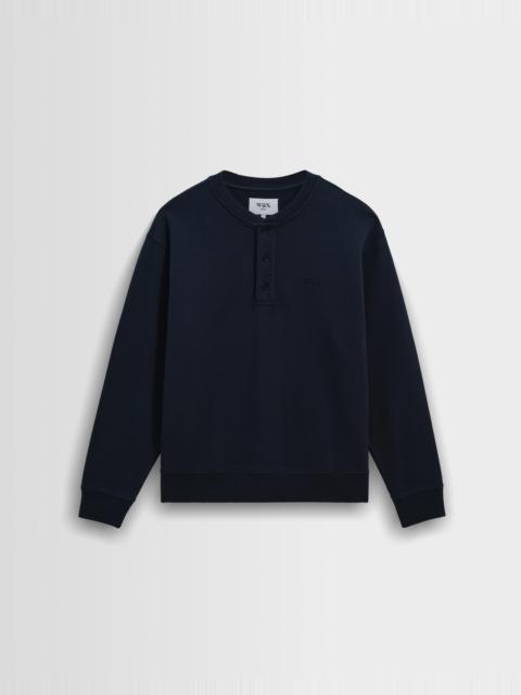 Wax London Bedford - Washed Navy Loopback Organic Cotton Henley Sweatshirt