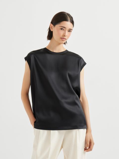 Stretch silk satin T-shirt with monili
