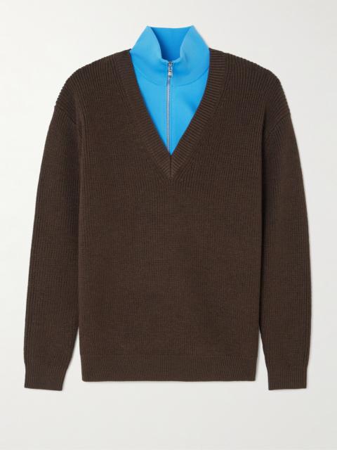 Tibi Layered Knit-trimmed Ribbed Wool-blend Half-zip Sweater