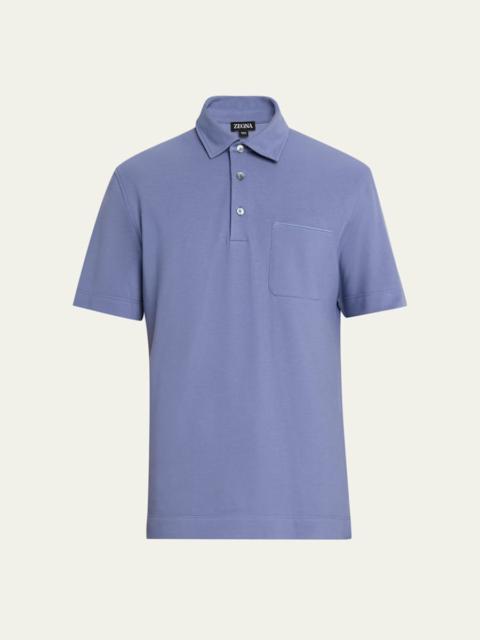 ZEGNA Men's Pique Polo Shirt with Leather-Trim Pocket