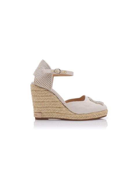 Manolo Blahnik Cream Cotton Crystal Embellished Espadrilles