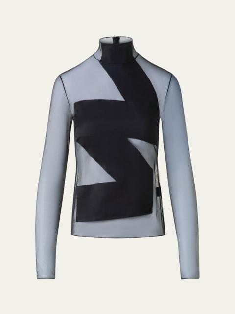 AKRIS Mock-Neck Zigzag Tulle Long-Sleeve Top