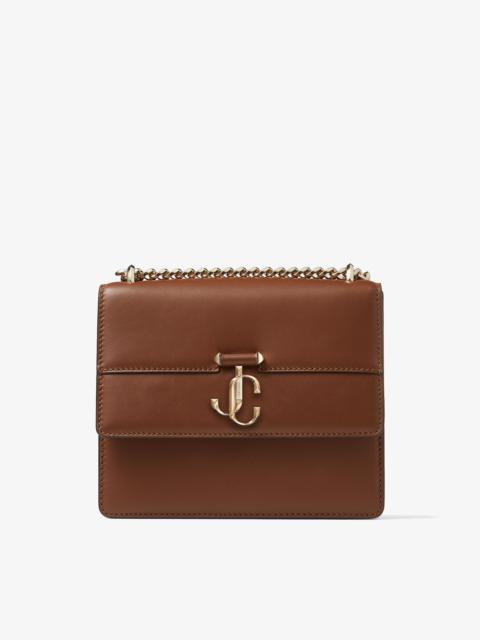 JIMMY CHOO Varenne Quad
Dark Tan Fine Shiny Calf Leather Shoulder Bag with Light Gold JC Bar