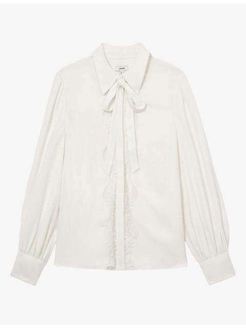 REISS Estelle Lace-Trim Tie-Neck Crepe Blouson Shirt