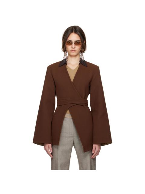 TORY BURCH Brown Asymmetrical Pique Wrap Blazer