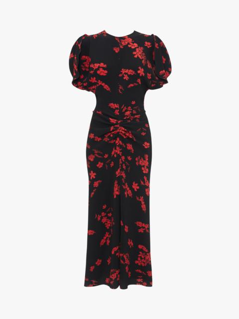 Victoria Beckham Gathered Waist Midi Dress In Sci-Fi Black Floral