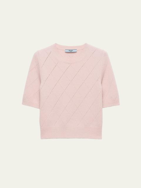 Prada Cashmere Argyle Pointelle Knit Short-Sleeve Sweater