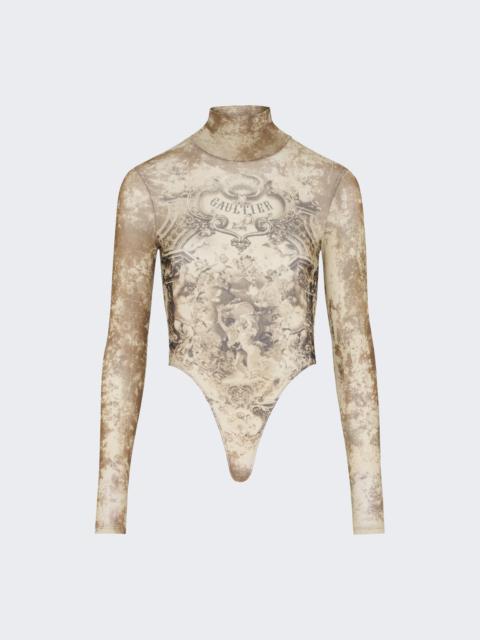 Jean Paul Gaultier Open Back Mesh Bodysuit Beige Médaillon Print