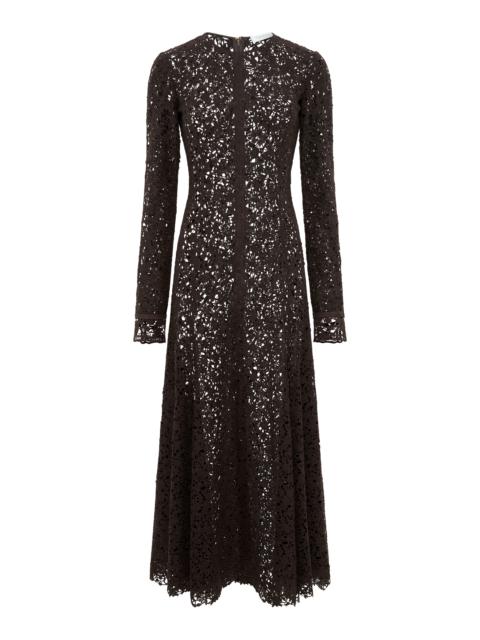 GABRIELA HEARST Mabel Dress in Chocolate Floral Cashmere Lace with Suede Lace Cuffs