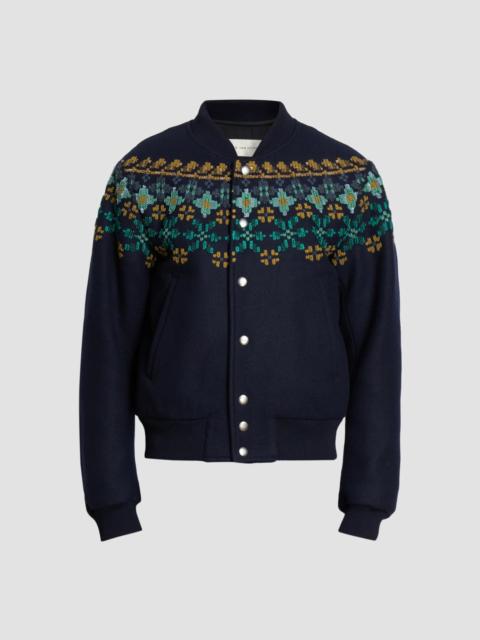 Dries Van Noten Men's Valtor Wool-Blend Intarsia-Knit Bomber Jacket - Navy