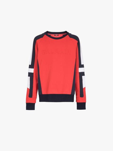 Balmain Oversized red, navy blue and white eco-designed cotton sweatshirt with embossed Balmain logo