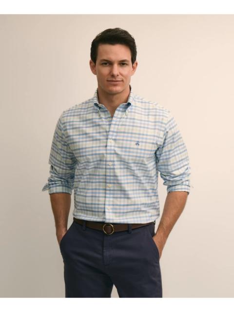 Brooks Brothers Stretch Cotton Non-Iron Oxford Polo Button Down, Plaid Sport Shirt